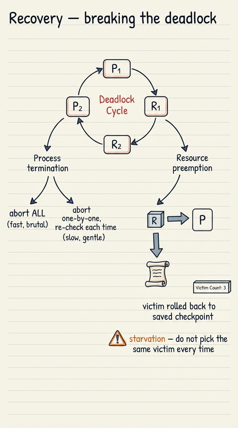 Handwritten A4 diagram: a deadlock cycle in the centre with two recovery arrows branching off. Left branch "Process termination" splits into "abort ALL (fast, brutal)" and "abort one-by-one, re-check each time (slow, gentle)". Right branch "Resource preemption" shows a resource being yanked from a victim, the victim rolled back to a saved checkpoint, and a warning triangle labelled "starvation — do not pick the same victim every time" with a small counter next to the victim.