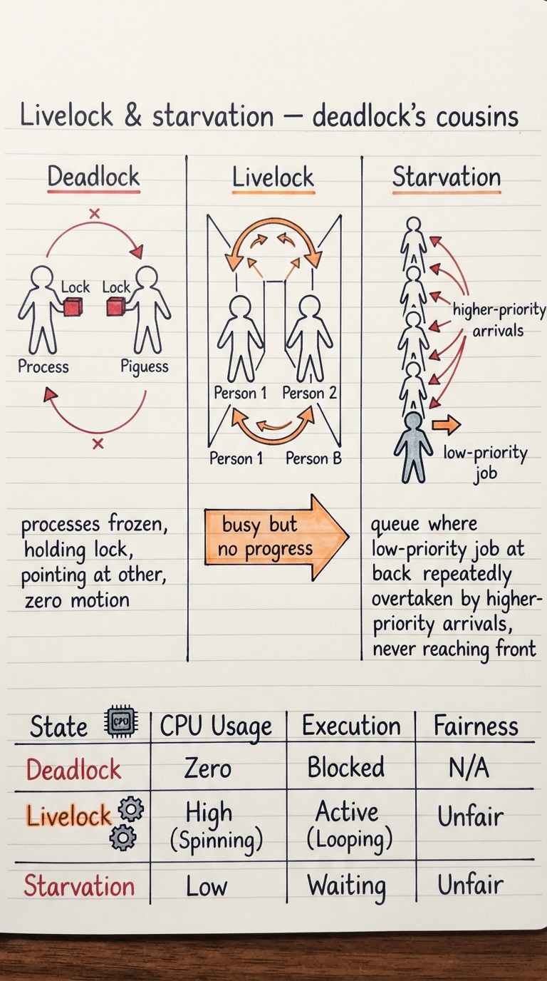 Handwritten A4 diagram: three side-by-side sketches. "Deadlock" — two processes frozen, each holding a lock and pointing at the other, zero motion. "Livelock" — two people in a narrow corridor both stepping the same way, then both stepping back, arrows swinging left-right forever, caption "busy but no progress". "Starvation" — a queue where a low-priority job at the back is repeatedly overtaken by higher-priority arrivals, never reaching the front. A comparison strip at the bottom marks each as blocked/spinning/waiting and fair/unfair.