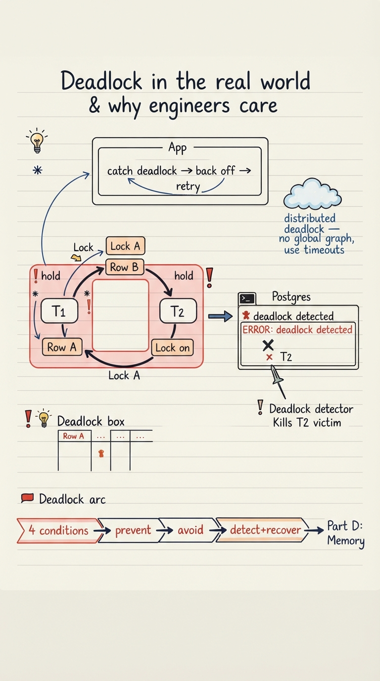 Handwritten A4 diagram: centre-stage a database with two transactions T1 and T2 crossing locks on rows A and B (T1 holds A wants B, T2 holds B wants A) — a cycle. An arrow to a terminal showing a Postgres "deadlock detected" error, and the detector killing T2 as the victim. Around it, an app box with a retry loop ("catch deadlock -> back off -> retry"), and a small cloud labelled "distributed deadlock — no global graph, use timeouts". A ribbon along the bottom recaps the deadlock arc: 4 conditions -> prevent / avoid / detect+recover, with an arrow off the page to "Part D: Memory".