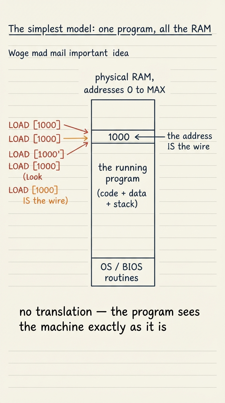 Handwritten A4 diagram: a single tall vertical bar labelled "physical RAM, addresses 0 to MAX"; the bottom slice holds a small box "OS / BIOS routines", the rest is one large box "the running program (code + data + stack)"; arrows from instructions like "LOAD [1000]" point straight to physical cell 1000 with a note "the address IS the wire". A caption reads "no translation — the program sees the machine exactly as it is".