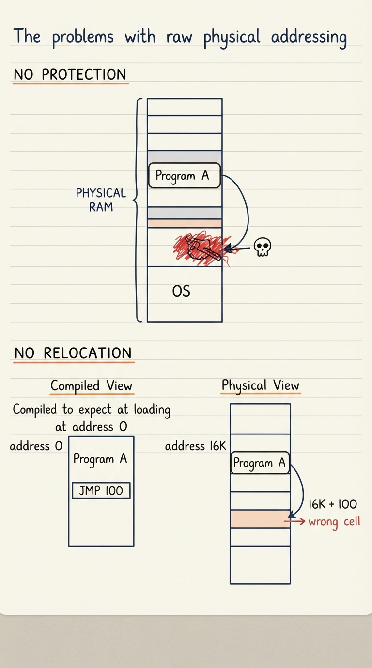 Handwritten A4 diagram: the same physical RAM bar, now showing an arrow from "program A" reaching across and writing into the "OS" region at the bottom, drawn with a red scribble and a skull; a second panel shows the same program compiled to expect loading at address 0, but physically placed at address 16K, with its jump target "JMP 100" pointing to the wrong cell. Labels: "no protection", "no relocation".