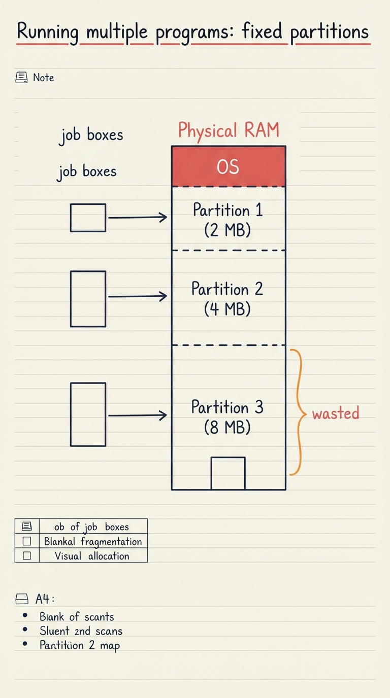 Handwritten A4 diagram: physical RAM bar divided by dashed lines into four unequal horizontal slabs labelled "OS", "Partition 1 (2 MB)", "Partition 2 (4 MB)", "Partition 3 (8 MB)"; job boxes of different sizes queue on the left with arrows pointing to the partition each is assigned to; one small job sits inside the 8 MB partition leaving obvious blank space above it, marked with a wavy "wasted" bracket.