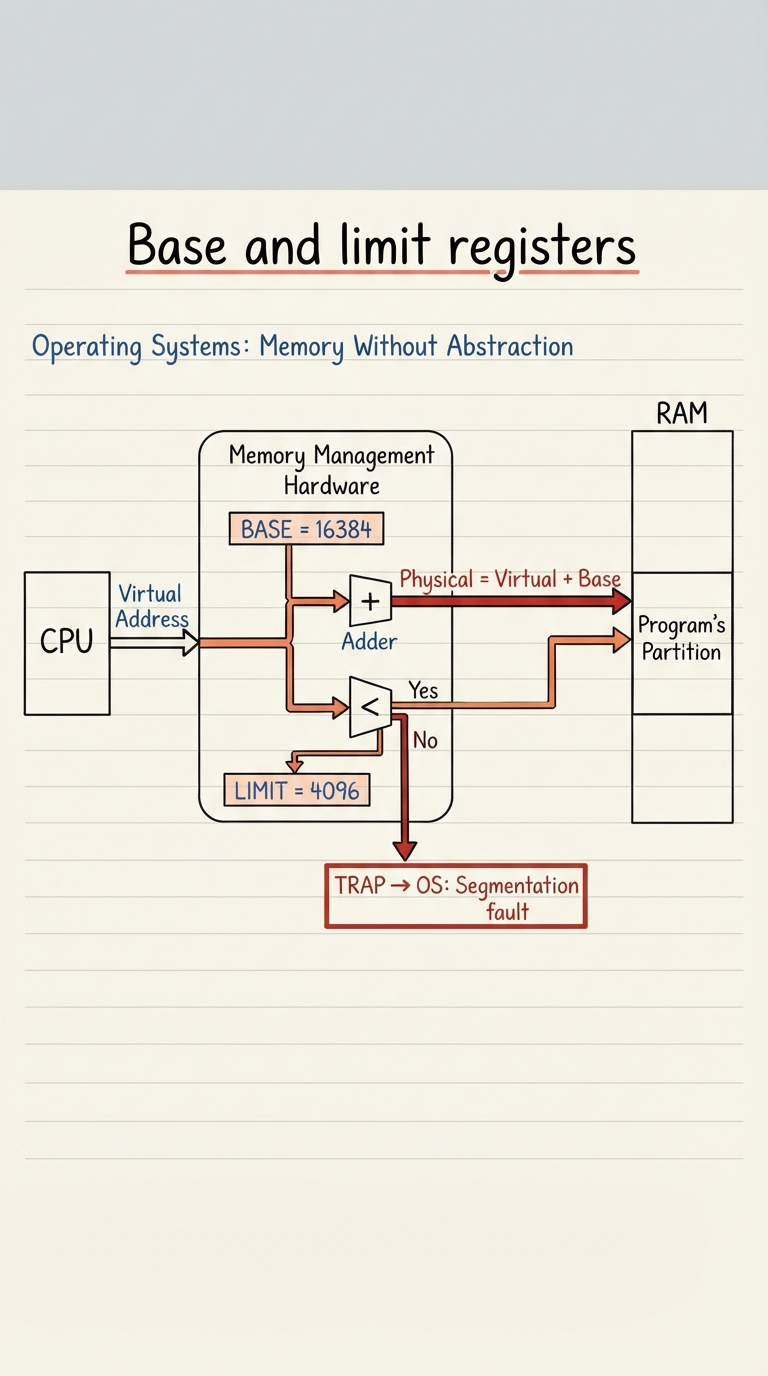 Handwritten A4 diagram: a CPU box emits a "virtual address" that enters a small hardware unit holding two registers, BASE (=16384) and LIMIT (=4096); inside, an adder computes physical = virtual + base and a comparator checks virtual < limit; a valid address flows out to the RAM bar landing inside the program’s partition, while an out-of-range address is diverted to a box labelled "TRAP → OS: segmentation fault".