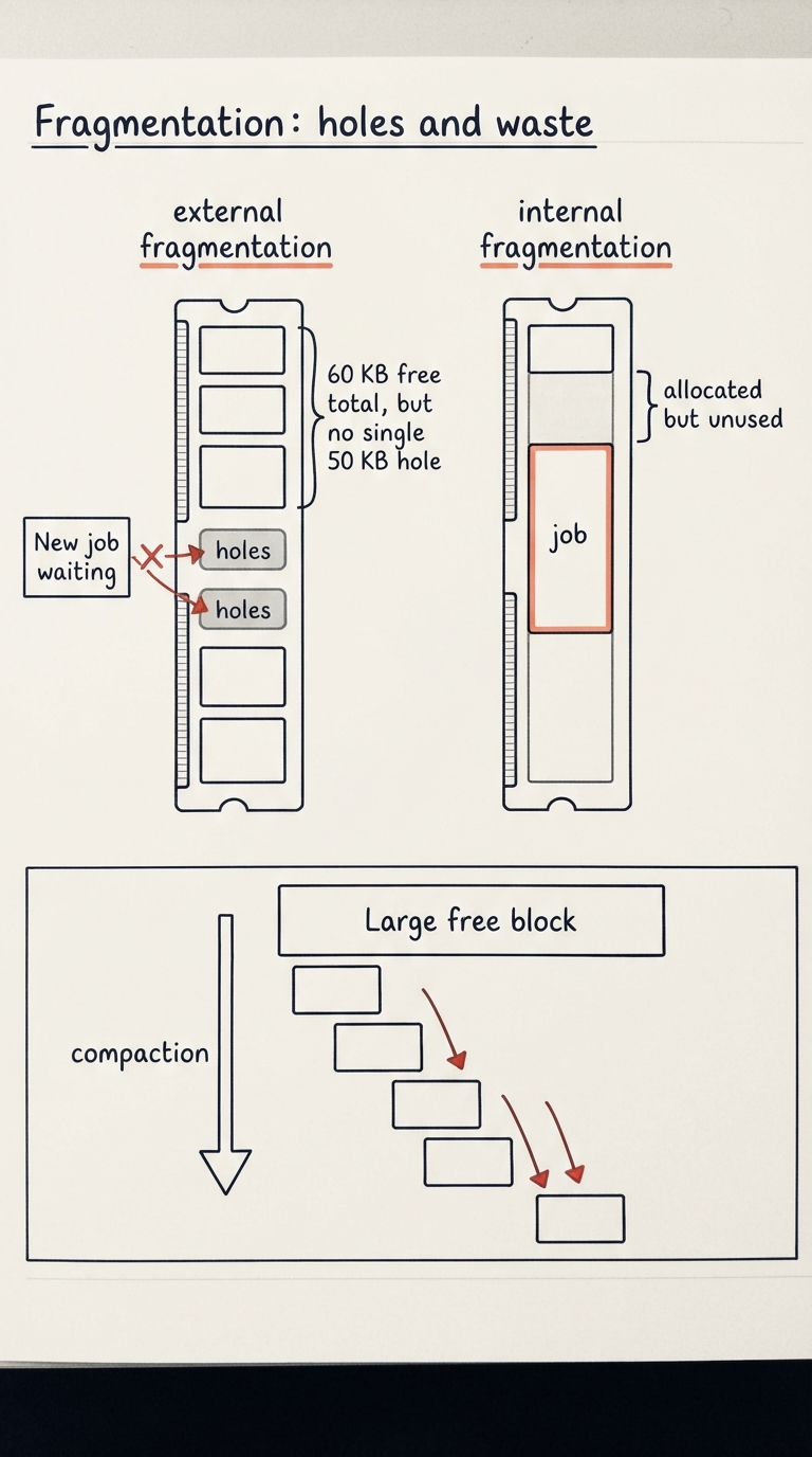 Handwritten A4 diagram: two RAM bars side by side. Left bar "external fragmentation" shows occupied blocks separated by three small grey "holes" with a note "60 KB free total, but no single 50 KB hole"; a new job box waiting on the left cannot fit anywhere. Right bar "internal fragmentation" shows a job placed in a fixed slab with a bracketed blank strip above it labelled "allocated but unused". A bottom panel shows a "compaction" arrow sliding all jobs downward to merge the holes into one big free block.