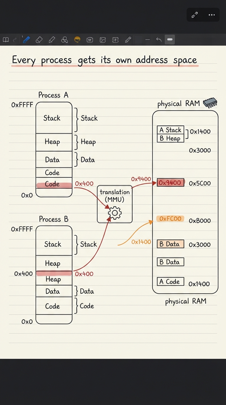 Handwritten A4 diagram: on the left, two identical tall boxes labelled "Process A" and "Process B", each an address space running from 0x0 at the bottom to 0xFFFF at the top, each showing the same layout (code, data, heap, stack). In the middle a box labelled "translation (MMU)". On the right, one wider box labelled "physical RAM" where A’s and B’s regions land at scattered, different physical addresses. A curved arrow leaves address 0x400 in Process A, passes through the translation box, and lands at physical 0x9400; a second arrow from the SAME virtual 0x400 in Process B lands at a different physical 0x1400 — driving home that identical virtual addresses map to different physical ones.