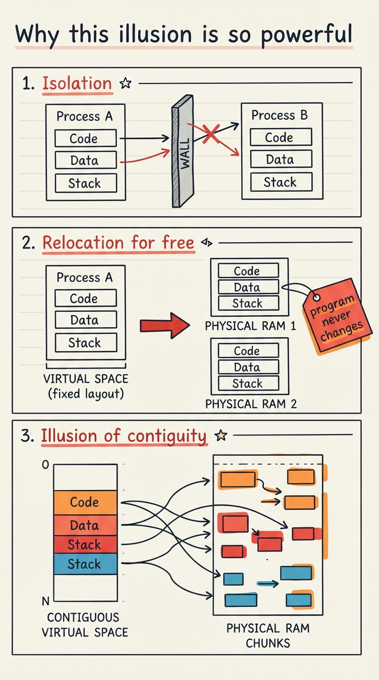 Handwritten A4 diagram: three panels stacked. Panel 1 "Isolation" — two process boxes side by side, a wall between them, Process A’s arrow toward B’s memory bouncing off the wall with a red cross. Panel 2 "Relocation for free" — a process box whose virtual layout stays identical while its physical placement is shown in two different spots of RAM, tagged "program never changes". Panel 3 "Illusion of contiguity" — a tidy contiguous virtual space on the left mapping via scattered arrows to fragmented, non-contiguous chunks of physical RAM on the right.