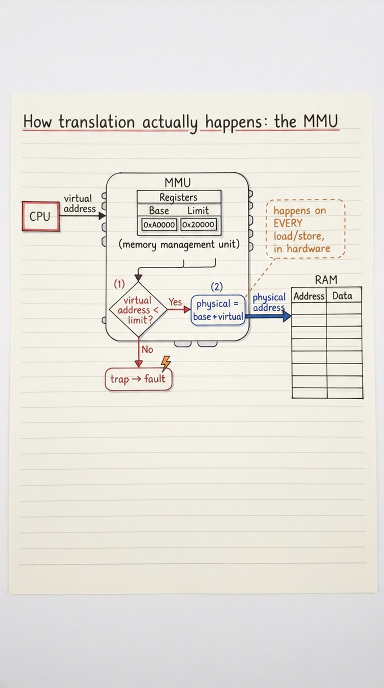 Handwritten A4 diagram: the CPU on the left emitting a "virtual address" arrow into a chip labelled "MMU (memory management unit)". Inside the MMU, a small box shows the current base/limit registers. The MMU does two things drawn as steps: (1) check virtual address < limit? with a branch to "trap → fault" if not, and (2) physical = base + virtual. A "physical address" arrow leaves the MMU into a RAM box on the right. A dashed callout notes "happens on EVERY load/store, in hardware".