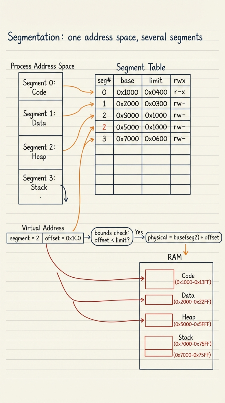 Handwritten A4 diagram: on the left a process address space split into four labelled segments numbered 0–3 (0 = code, 1 = data, 2 = heap, 3 = stack). In the centre a "segment table" drawn as rows: seg# | base | limit | rwx, with concrete numbers for each of the four rows. A worked translation at the bottom: a virtual address split into two parts "segment = 2 | offset = 0x1C0", an arrow into the table row for segment 2, a bounds check "offset < limit?", then "physical = base(seg2) + offset" pointing into a RAM box. Different segments’ bases point to scattered, differently-sized regions of the RAM box.