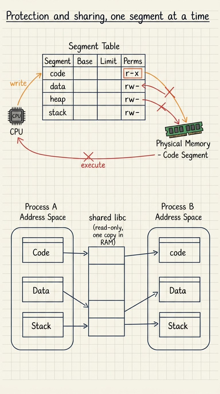 Handwritten A4 diagram: top half shows a segment table with an extra "perms" column, each row tagged — code: r-x, data: rw-, heap: rw-, stack: rw- — with a red cross where a write arrow hits the read-only code segment and a red cross where an execute arrow hits the data segment. Bottom half shows two process address spaces (Process A and Process B) whose code segments both point via their segment-table rows to the SAME single physical region labelled "shared libc (read-only, one copy in RAM)", while their data and stack segments point to separate private regions.