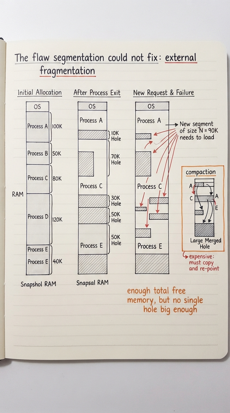 Handwritten A4 diagram: a tall bar representing physical RAM over time, in three snapshots left to right. Snapshot 1: RAM neatly filled with variable-sized segments from several processes. Snapshot 2: a few processes have exited, leaving grey holes of different sizes scattered between the survivors. Snapshot 3: a new segment of size N needs to load — arrows point at several holes each labelled with a size, all individually smaller than N, with a caption "enough total free memory, but no single hole big enough". A small side note shows "compaction" sliding segments together to merge holes, tagged "expensive: must copy and re-point".
