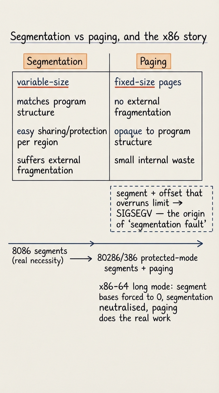 Handwritten A4 diagram: a two-column comparison table. Left column "Segmentation" — variable-size, matches program structure, easy sharing/protection per region, suffers external fragmentation. Right column "Paging" — fixed-size pages, no external fragmentation, opaque to program structure, small internal waste. Below the table a timeline arrow of x86: "8086 segments (real necessity)" → "80286/386 protected-mode segments + paging" → "x86-64 long mode: segment bases forced to 0, segmentation neutralised, paging does the real work". A dashed box on the side reads "segment + offset that overruns limit → SIGSEGV — the origin of ‘segmentation fault’".
