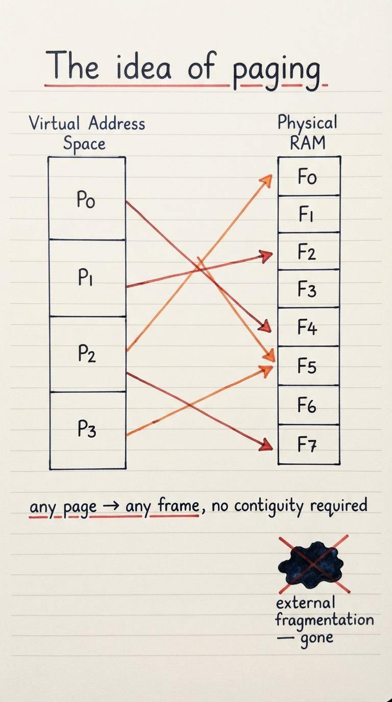 Handwritten A4 diagram: on the left a tall virtual address space sliced into equal-size numbered pages (P0, P1, P2, P3); on the right physical RAM sliced into equal-size numbered frames (F0..F7); coloured arrows map P0→F5, P1→F2, P2→F7, P3→F0, deliberately out of order and scattered; a caption reads "any page → any frame, no contiguity required"; a small crossed-out blob in a corner labelled "external fragmentation — gone".