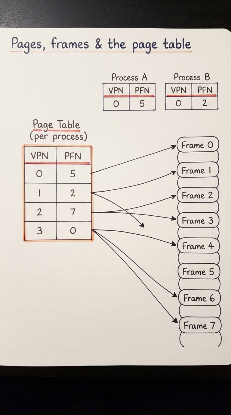 Handwritten A4 diagram: a two-column table titled "Page Table (per process)"; left column is virtual page number (VPN) 0,1,2,3, right column is physical frame number (PFN) 5,2,7,0; arrows from each table row point into a strip of physical frames on the right; above it two separate small tables labelled "Process A" and "Process B" showing the same VPN 0 mapping to different frames, illustrating one table per process.