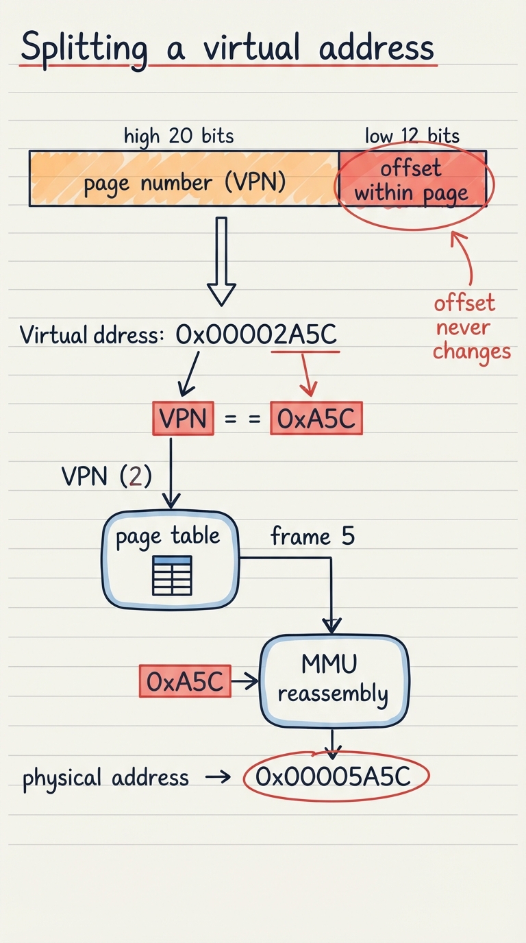 Handwritten A4 diagram: a 32-bit address drawn as a long box divided into two fields — the high 20 bits shaded and labelled "page number (VPN)", the low 12 bits labelled "offset within page"; below, a worked split of 0x00002A5C showing VPN = 2 and offset = 0xA5C; an arrow feeds VPN into a page-table box that returns frame 5, and a second box reassembles frame 5 with the same offset 0xA5C to give physical address 0x00005A5C; a note circles the offset in both addresses reading "offset never changes".