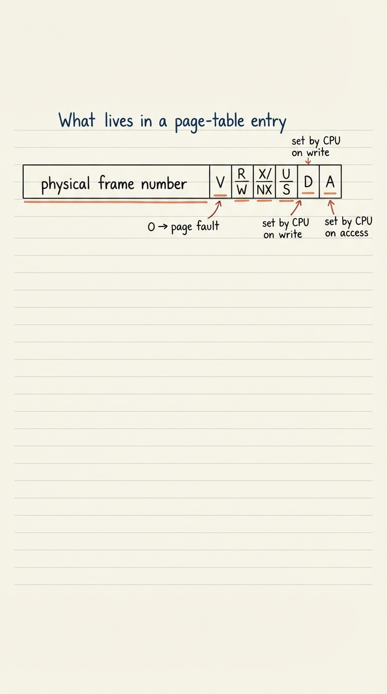 Handwritten A4 diagram: a single wide page-table entry drawn as a row of labelled bit-boxes — a large left field "physical frame number", then small flag boxes each with a one-word note: V (valid/present), R/W (writable), X/NX (executable), U/S (user/supervisor), D (dirty), A (accessed); tiny annotations point at each flag ("set by CPU on write" over D, "set by CPU on access" over A, "0 -> page fault" over V).
