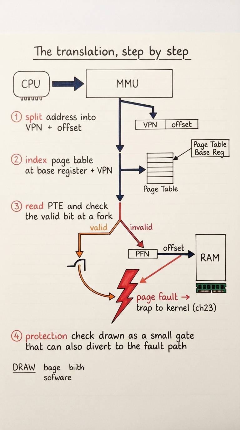 Handwritten A4 diagram: a numbered flow starting at a CPU emitting a virtual address, an arrow into the MMU box; inside the MMU, step 1 split address into VPN + offset, step 2 index page table at base register + VPN, step 3 read PTE and check the valid bit at a fork — "valid" branch takes PFN and forms the physical address out to RAM; "invalid" branch draws a lightning bolt labelled "page fault -> trap to kernel (ch23)"; step 4 protection check drawn as a small gate that can also divert to the fault path.
