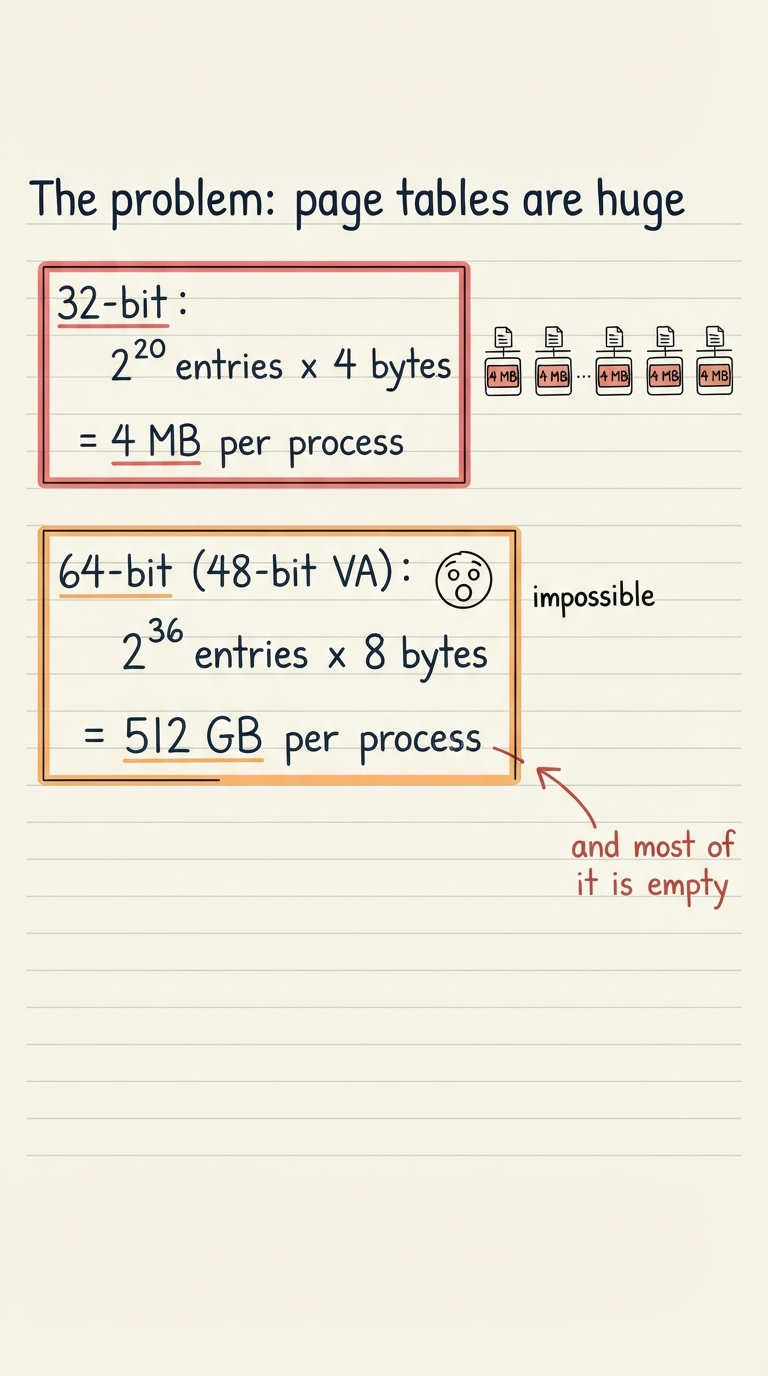 Handwritten A4 diagram: two stacked size calculations boxed like napkin math — top box "32-bit: 2^20 entries x 4 bytes = 4 MB per process" with a row of tiny process icons each carrying a 4 MB block; bottom box "64-bit (48-bit VA): 2^36 entries x 8 bytes = 512 GB per process" drawn comically large with a shocked face and the word "impossible"; a note reads "and most of it is empty".