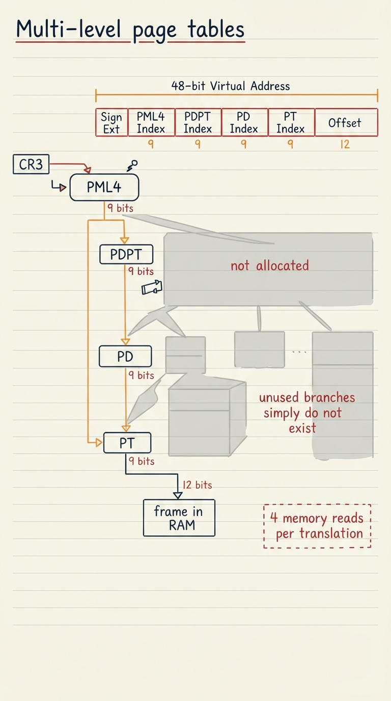 Handwritten A4 diagram: a tree of page tables for an x86-64 walk — a single top box "PML4" pointed to by the CR3 register, one arrow down to a "PDPT" box, then to a "PD" box, then to a "PT" box whose entry yields a frame in RAM; the 48-bit virtual address drawn along the top split into five fields (9 + 9 + 9 + 9 + 12); large greyed-out regions of the tree marked "not allocated" show that unused branches simply do not exist; a small note counts "4 memory reads per translation".