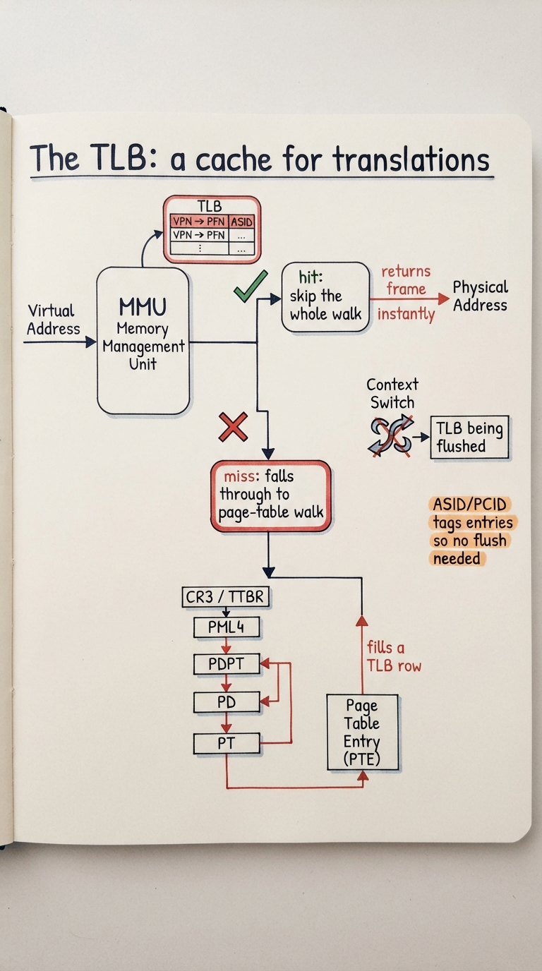 Handwritten A4 diagram: the MMU with a small fast table beside it labelled "TLB" holding a few VPN -> PFN rows; a virtual address arrives and hits the TLB (green tick, "hit: skip the whole walk") returning a frame instantly, versus a miss path (red cross) that falls through to the four-level page-table walk and then fills a TLB row; to the side a context-switch icon showing the TLB being flushed, with a second note "ASID/PCID tags entries so no flush needed".