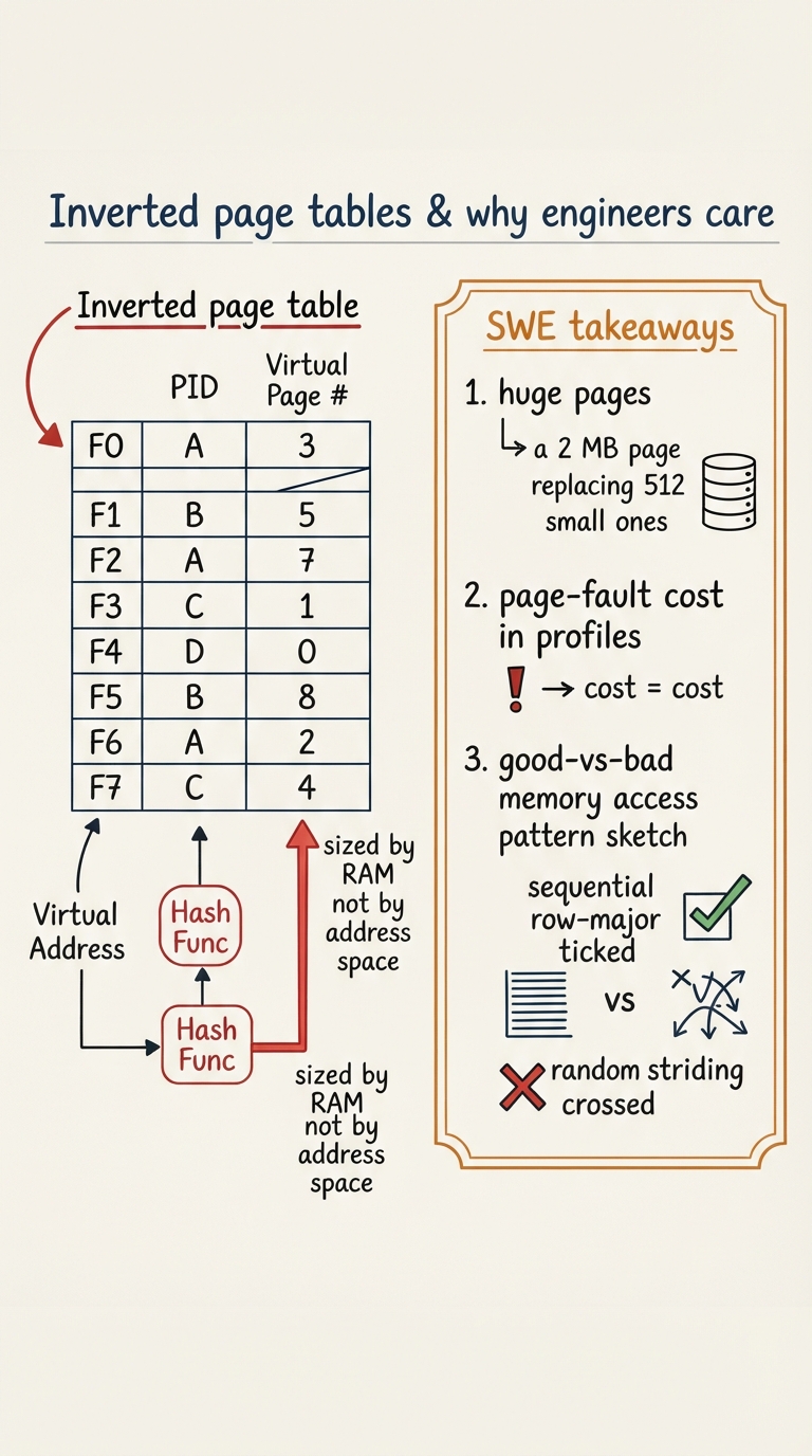 Handwritten A4 diagram: left half shows an "inverted page table" — one row per physical frame (F0..F7), each row storing the process id + virtual page it currently holds, sized by RAM not by address space, with a hash arrow feeding the lookup; right half is a summary card titled "SWE takeaways" listing three hand-drawn bullets — huge pages (a 2 MB page replacing 512 small ones), page-fault cost in profiles, and a good-vs-bad memory access pattern sketch (sequential row-major ticked, random striding crossed).
