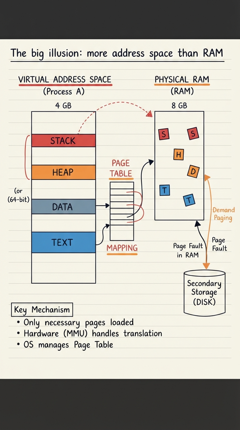 Handwritten A4 diagram: a single process's virtual address space drawn as a tall column of pages numbered 0..N; arrows fan out to two destinations — a small "RAM (frames)" box holding only a handful of the pages (marked present), and a larger "disk / swap (backing store)" box holding the rest (marked not-present). A caption reads "the process sees the whole column; only the shaded pages are really in RAM right now". A padlock note reminds that each process gets its own private column.