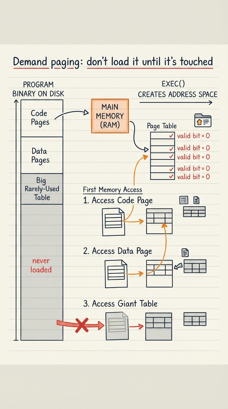 Handwritten A4 diagram: a program binary on disk split into pages (code, data, big rarely-used table). A timeline shows exec() creating the address space with every page-table entry marked "not present" (valid bit = 0). Below, three separate memory accesses each pull in exactly one page on first touch — code page, then a data page — while the giant unused table stays on disk, greyed out and labelled "never loaded".