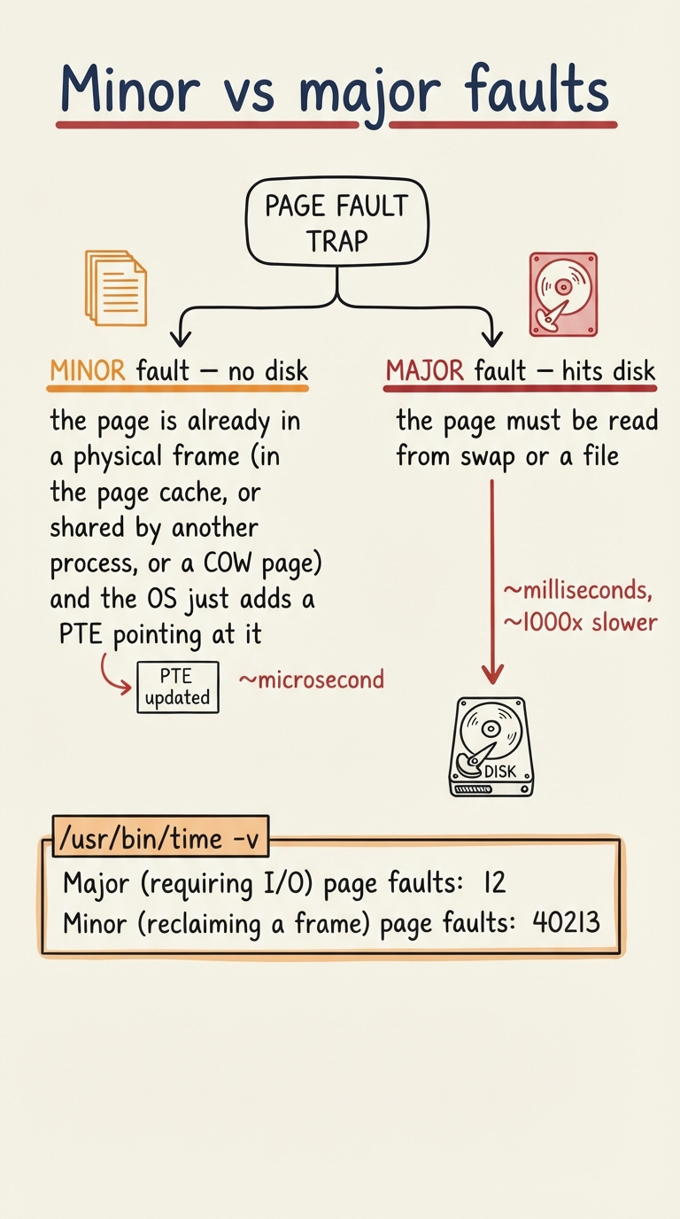 Handwritten A4 diagram: two branches from a page-fault trap. Left branch "MINOR fault — no disk": the page is already in a physical frame (in the page cache, or shared by another process, or a COW page) and the OS just adds a PTE pointing at it — a short curved arrow, labelled "~microsecond". Right branch "MAJOR fault — hits disk": the page must be read from swap or a file, a long arrow down to a disk platter, labelled "~milliseconds, ~1000x slower". Below, a mock /usr/bin/time -v output boxes "Major (requiring I/O) page faults: 12" and "Minor (reclaiming a frame) page faults: 40213".