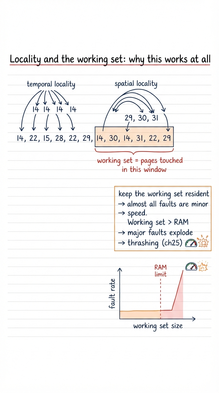 Handwritten A4 diagram: a horizontal timeline of page references (a stream of page numbers). A sliding window of the last few references is shaded and labelled "working set = pages touched in this window". Above, two clusters show temporal locality (same page hit again and again) and spatial locality (neighbouring pages hit in sequence). A side note: "keep the working set resident → almost all faults are minor → speed. Working set > RAM → major faults explode → thrashing (ch25)". A small graph plots fault rate low while working set fits, then spiking sharply past the RAM line.