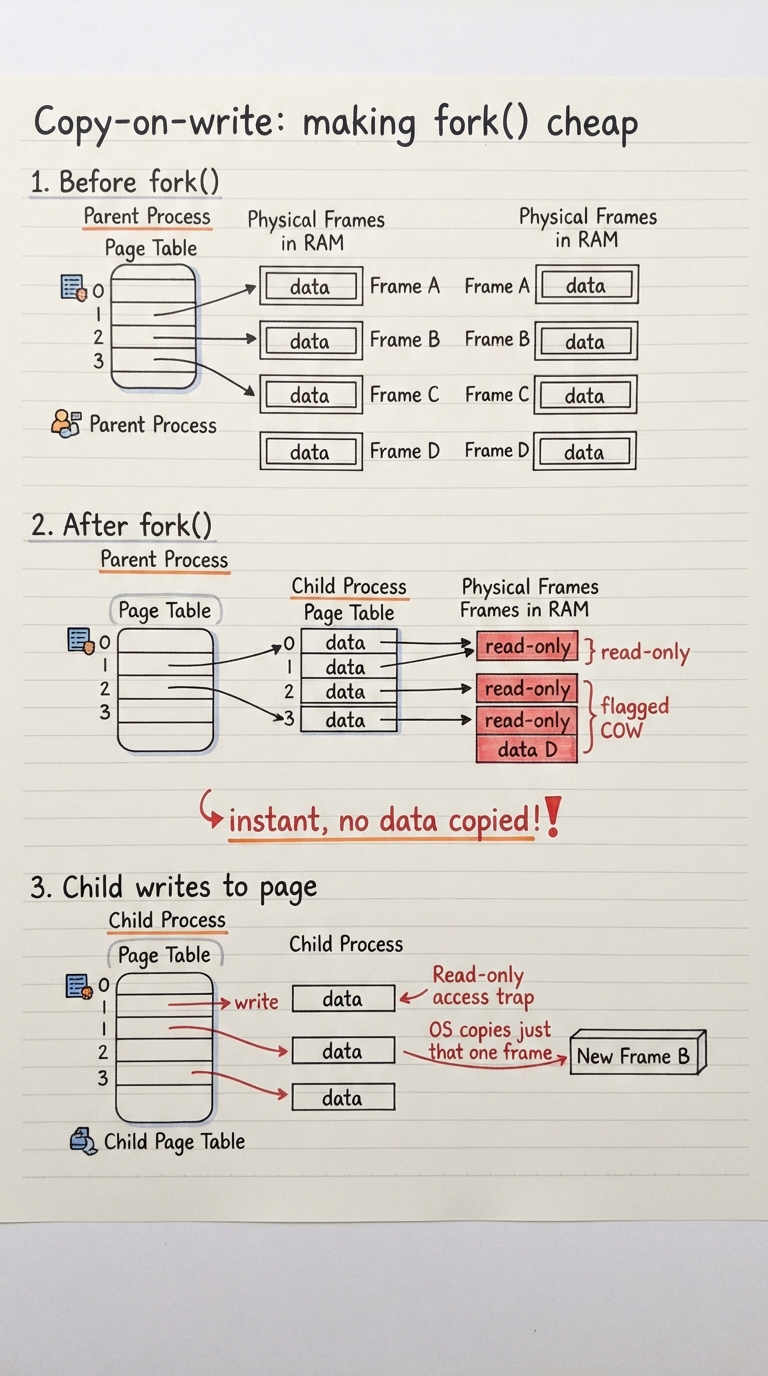 Handwritten A4 diagram: fork() drawn in three panels. Panel 1: parent process with its pages in RAM. Panel 2: after fork(), child gets its own page table but every entry points at the SAME parent frames, all marked read-only and flagged COW — no data copied, big label "instant, no copy". Panel 3: the child writes to one page → the read-only access traps → OS copies just that one frame, points the child's PTE at the copy and makes both writable → arrow labelled "the write fault triggers the copy". A note: shared code/unwritten pages stay shared forever.