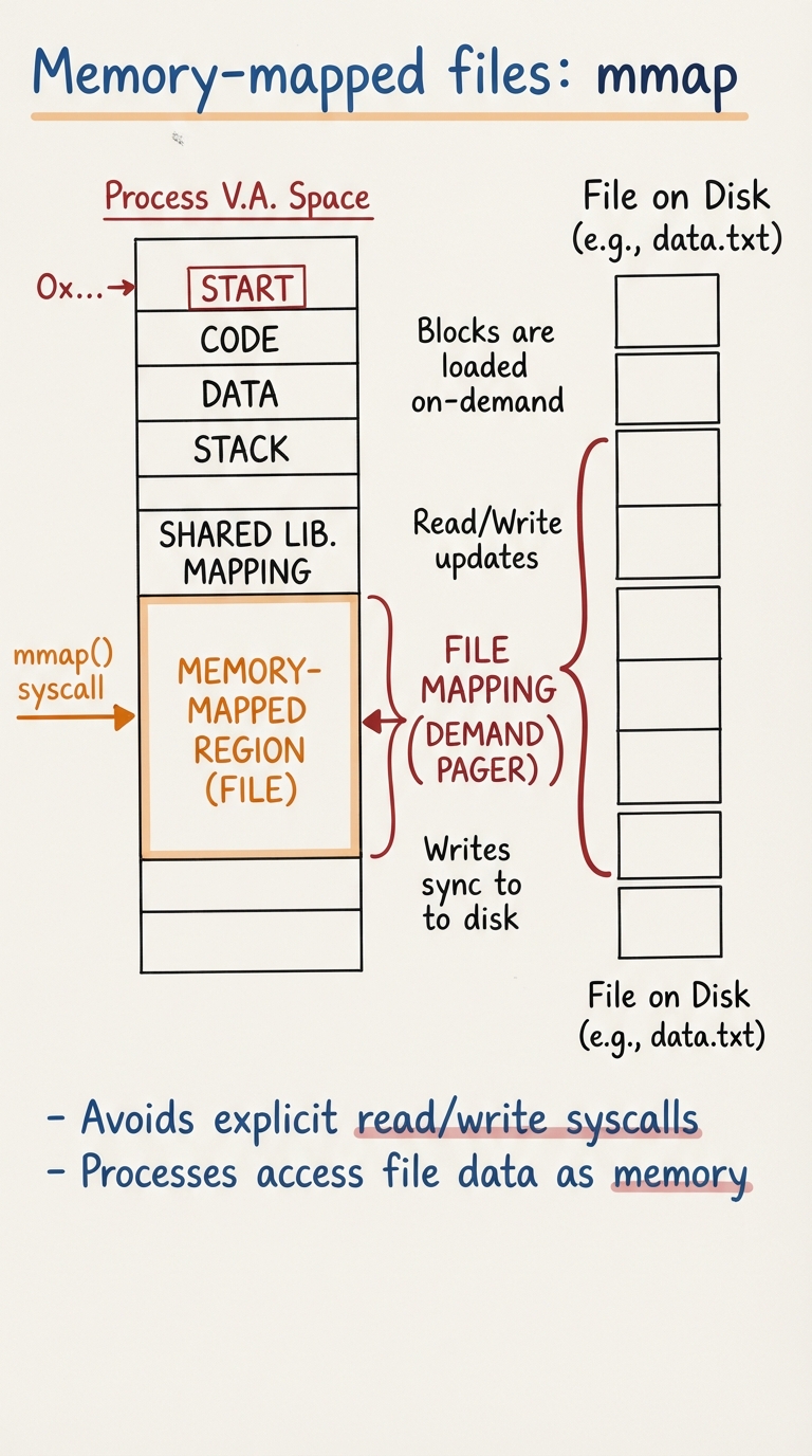 Handwritten A4 diagram: a file on disk drawn as a row of blocks. An mmap() call projects that file directly into a region of the process's virtual address space (a matching row of pages), page-for-page, all initially not-present. The program reads/writes memory with plain pointers; each first touch triggers a demand-paging fault that pulls the matching file block into a frame. A second process mmap-ing the same file is shown sharing the same frames. Side note contrasts "mmap: touch memory, kernel does the I/O" vs "read()/write(): explicit syscalls + a copy into your buffer".