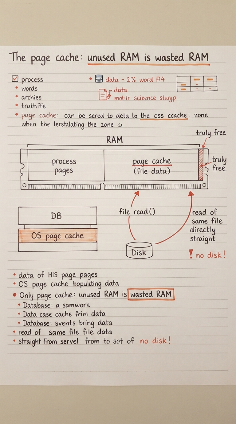 Handwritten A4 diagram: a RAM bar split into three zones — "process pages", "page cache (file data)", and a thin "truly free" sliver. An arrow shows a file read() populating the page cache; a second read of the same file is served straight from cache (label "no disk!"). Below, two stacked layers for a database: the OS page cache sitting under the DB's own buffer pool, with a note "same file data can sit in both — double caching" pointing forward to the capstone. A caption: "free RAM is a wasted resource — the OS fills it with cached file pages and evicts them the instant a process needs the memory".