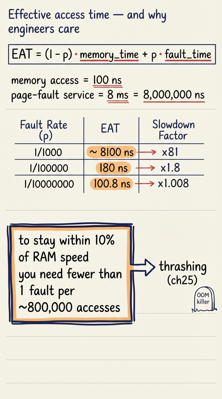 Handwritten A4 worksheet: at top the formula EAT = (1 - p) * memory_time + p * fault_time. Below, plugged-in numbers: memory access = 100 ns, page-fault service = 8 ms = 8,000,000 ns. A small table of fault rates p = 1/1000, 1/100000, 1/10000000 with the resulting EAT (roughly 8100 ns, 180 ns, 100.8 ns) and a slowdown factor beside each. A bold takeaway box: "to stay within 10% of RAM speed you need fewer than 1 fault per ~800,000 accesses". An arrow points forward to "thrashing (ch25)" and a small tombstone labelled "OOM killer".