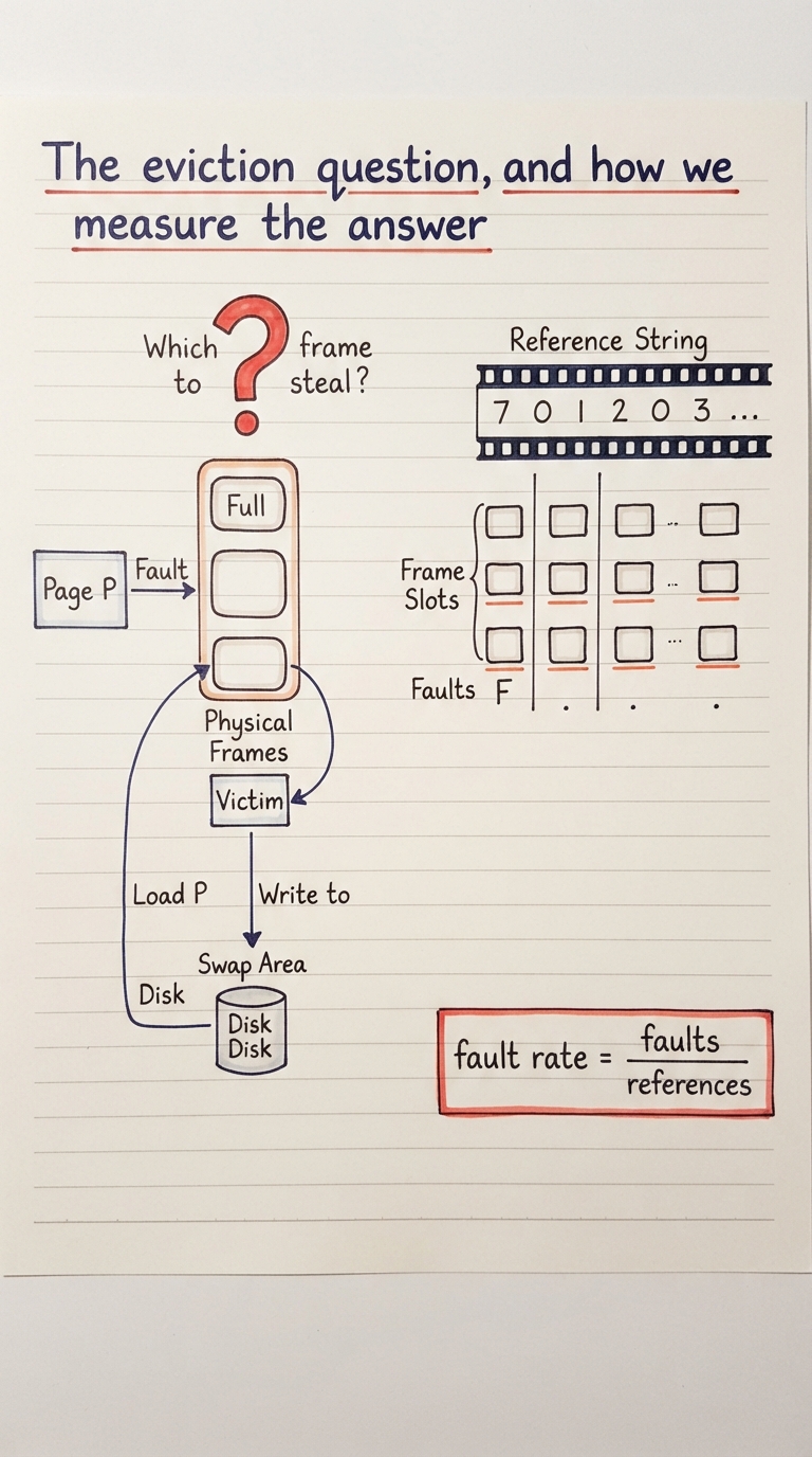 Handwritten A4 diagram: on the left a page fault arrives for page P but all physical frames are full (three boxes each holding a page); a big question mark hovers over "which frame to steal?"; an arrow shows the chosen victim being written out to the swap area on disk while P is loaded in. On the right, the vocabulary is drawn as a filmstrip: a "reference string" 7 0 1 2 0 3 ... along the top, three frame slots below it as a column per time step, and a row of F / dot marks showing faults versus hits, with "fault rate = faults / references" boxed at the bottom.