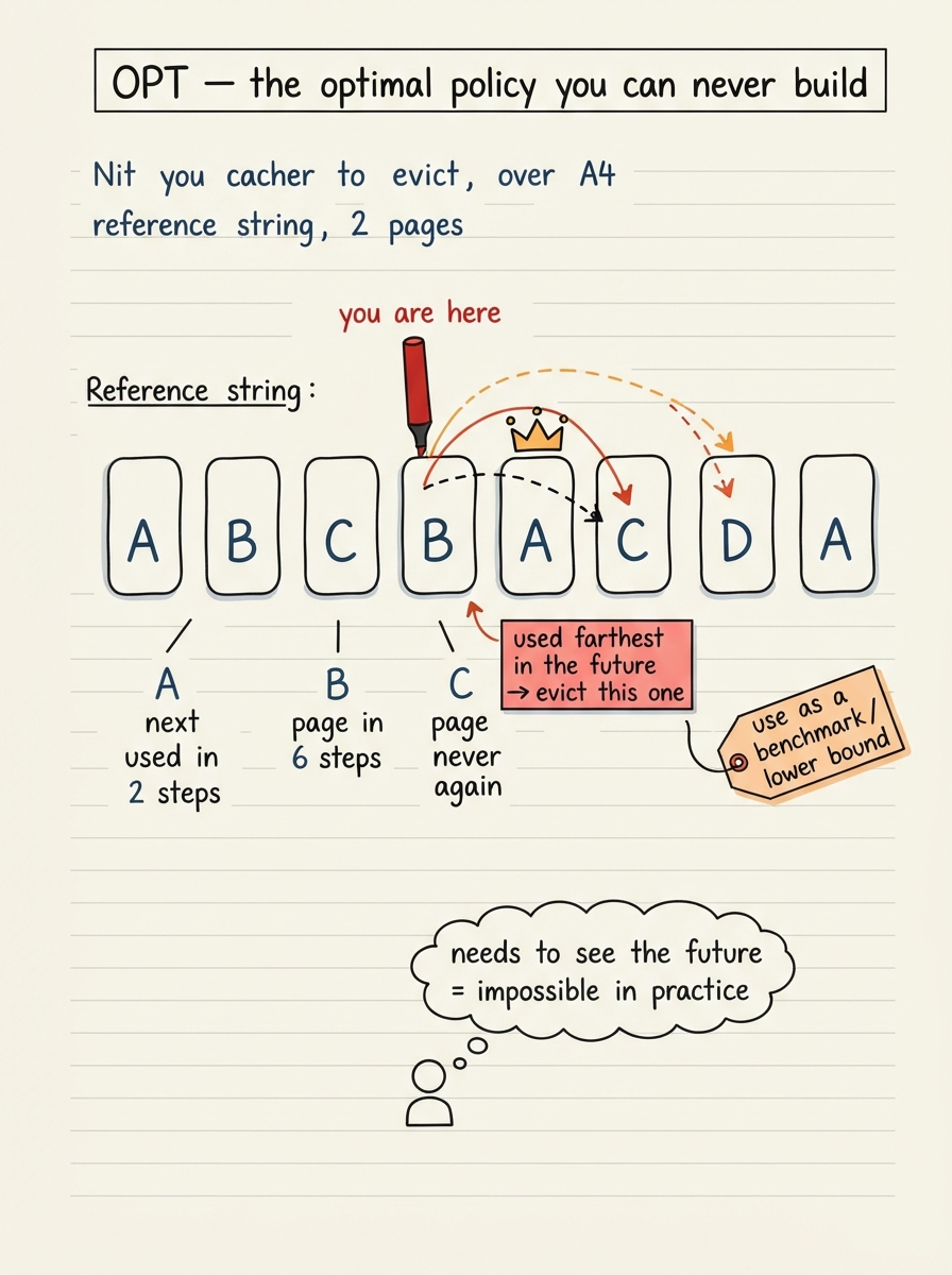 Handwritten A4 diagram: a reference string laid out horizontally with a "you are here" marker; from the current fault, dashed arrows shoot FORWARD to the next use of each resident page (page A next used in 2 steps, page B in 6 steps, page C never again). A crown sits over page C labelled "used farthest in the future -> evict this one". A thought bubble says "needs to see the future = impossible in practice", and a small tag reads "use as a benchmark / lower bound".