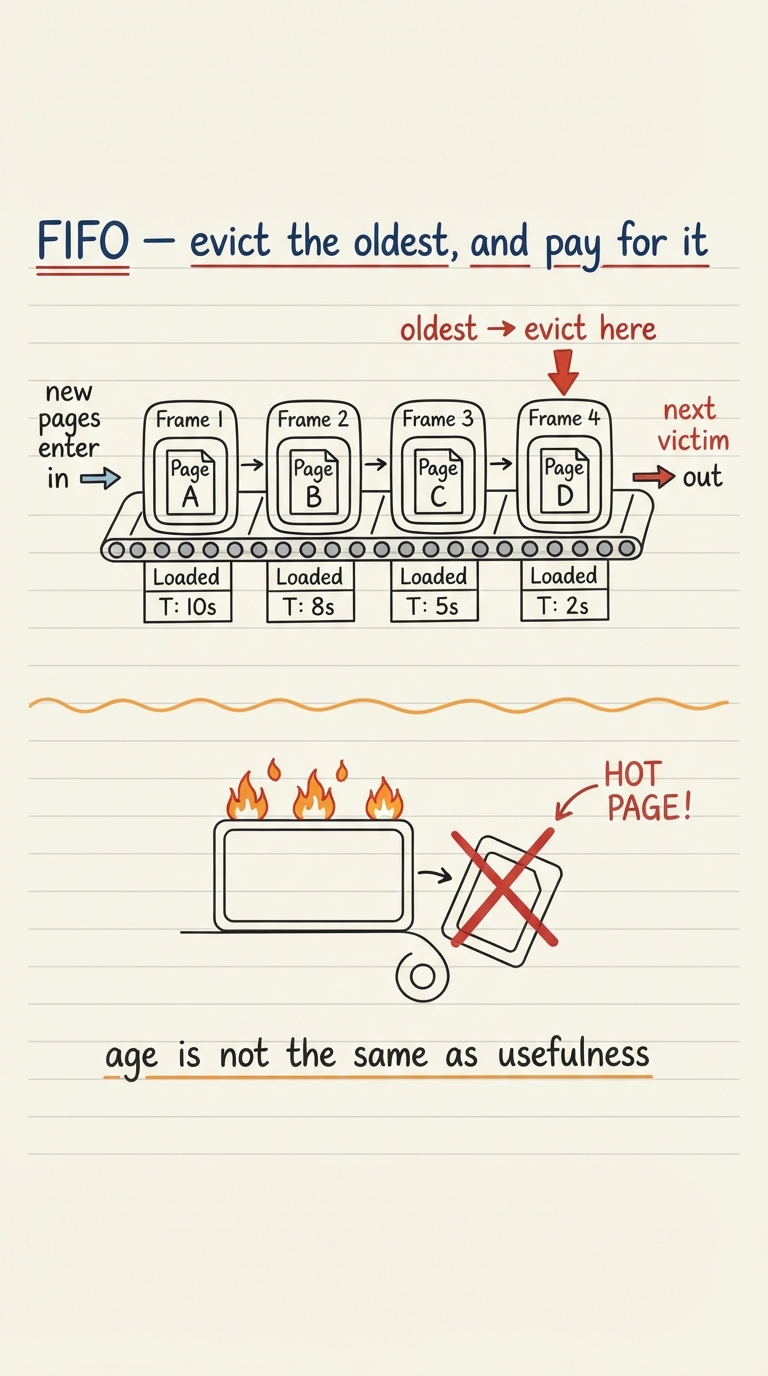 Handwritten A4 diagram: physical frames drawn as a queue / conveyor belt. New pages enter at the "in" end; the page that has been resident longest sits at the "out" end and is the next victim. A single pointer labelled "oldest -> evict here" marks the front. Below, a warning sketch: a heavily-used "hot" page (marked with fire) is about to fall off the out-end simply because it was loaded first, with a caption "age is not the same as usefulness".