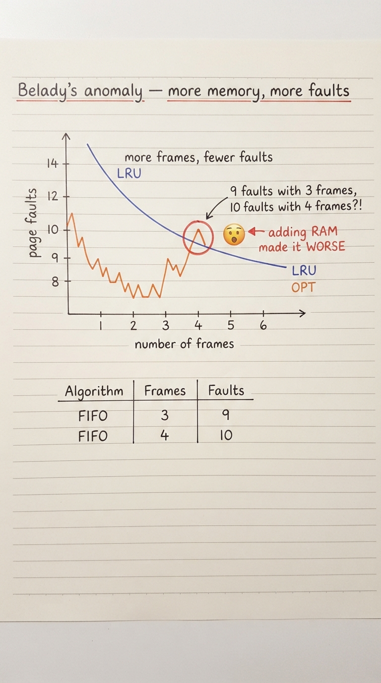 Handwritten A4 graph: x-axis "number of frames", y-axis "page faults". A smooth curve for LRU/OPT slopes gently downward (more frames, fewer faults). A jagged FIFO curve dips then jumps UP at the 3->4 frames transition, with the anomalous point circled and labelled "9 faults with 3 frames, 10 faults with 4 frames?!". A surprised face and the words "adding RAM made it WORSE" annotate the bump.