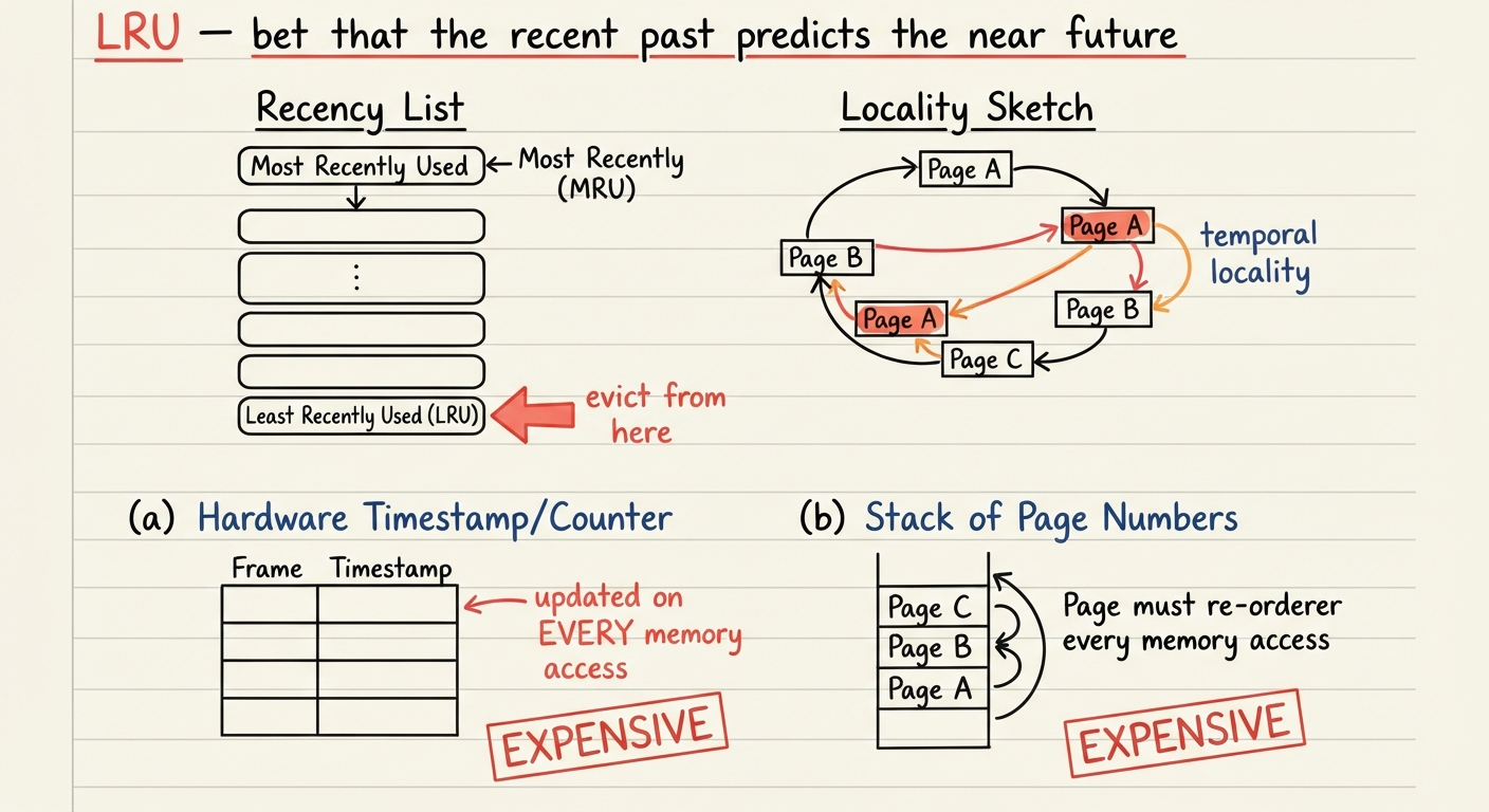 Handwritten A4 diagram: a recency list of resident pages, most-recently-used at the top, least-recently-used at the bottom with a big arrow "evict from here". A locality sketch beside it: a loop over an array, showing the same few pages touched over and over ("temporal locality"). At the bottom, two costly implementations are drawn: (a) a per-frame hardware timestamp/counter updated on EVERY memory access, and (b) a stack of page numbers that must be re-ordered on every access, both stamped "expensive".