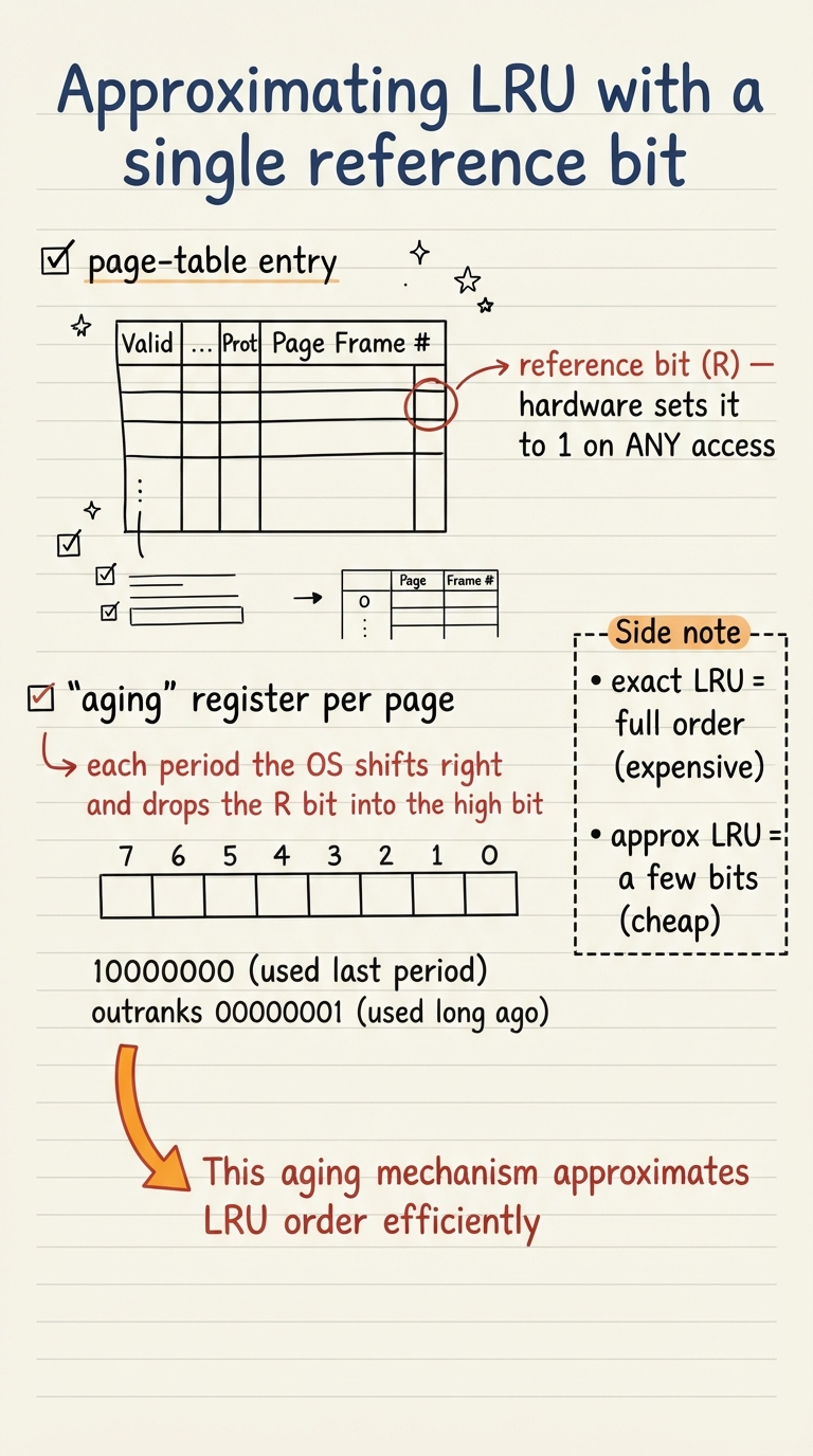 Handwritten A4 diagram: a page-table entry drawn with its fields, one bit circled and labelled "reference bit (R) — hardware sets it to 1 on ANY access". Below, an "aging" register per page shown as an 8-bit shift register: each period the OS shifts right and drops the R bit into the high bit, so 10000000 (used last period) outranks 00000001 (used long ago). A side note contrasts "exact LRU = full order (expensive)" with "approx LRU = a few bits (cheap)".