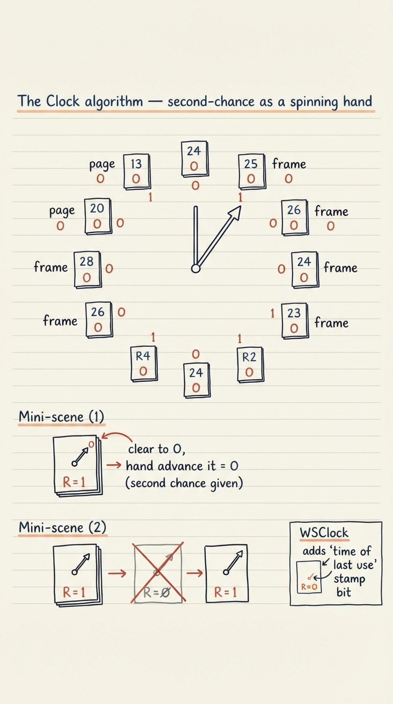 Handwritten A4 diagram: the frames drawn as a circle like a clock face, each position holding a page number and its reference bit (0 or 1). A clock "hand" points at one frame. Two mini-scenes: (1) hand on a page with R=1 -> arrow shows the bit being cleared to 0 and the hand advancing (second chance given); (2) hand on a page with R=0 -> that page is crossed out and replaced by the new page with R=1, hand advances one step. A small box in the corner sketches WSClock adding a "time of last use" stamp alongside the bit.