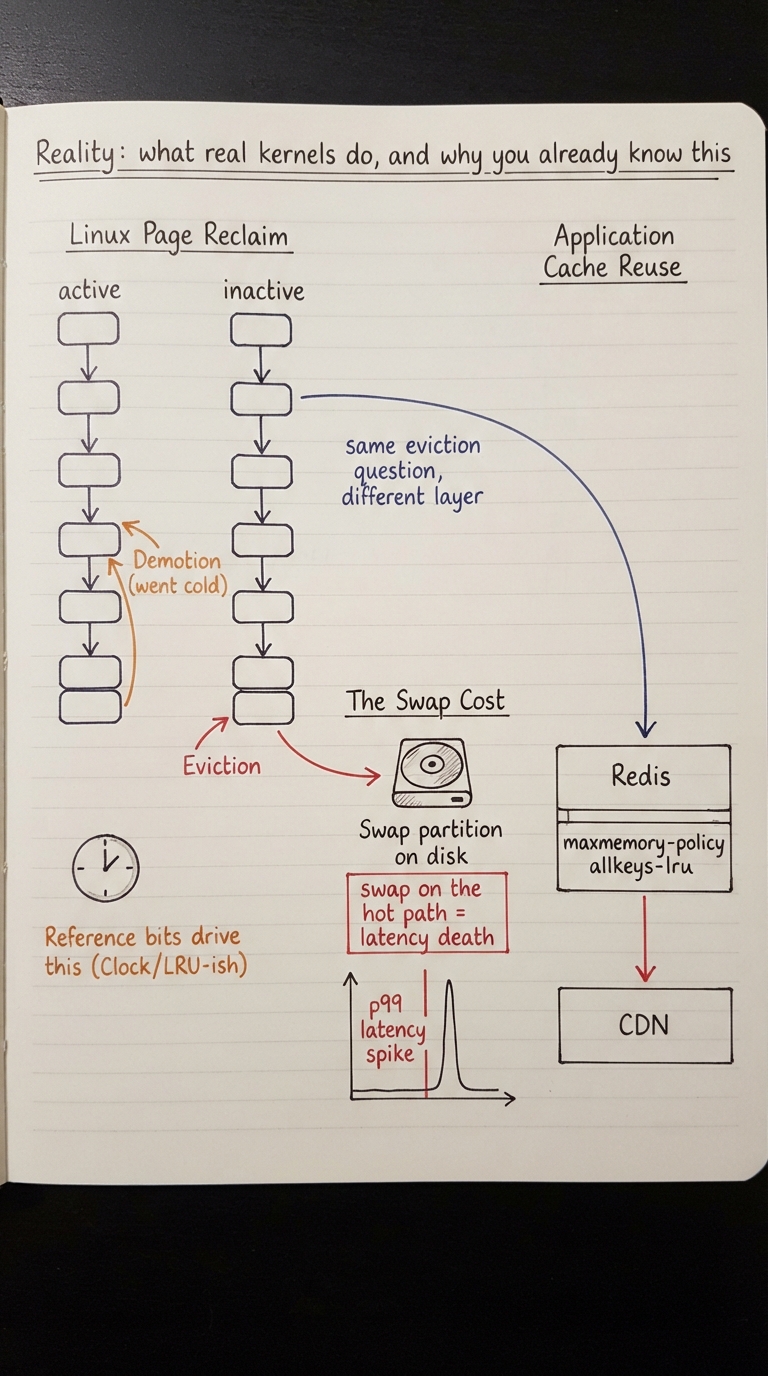 Handwritten A4 diagram: on the left, the Linux page reclaim drawn as two linked lists — an "active" list and an "inactive" list — with pages demoted from active to inactive when they go cold and evicted from the tail of inactive; a small clock hand hints the reference bits driving it. In the middle, a swap partition on disk with a red warning "swap on the hot path = latency death" and a p99 latency spike sketched. On the right, the SAME LRU/LFU idea reused in an application cache (a Redis box with maxmemory-policy allkeys-lru) and a CDN, with an arrow labelled "same eviction question, different layer".