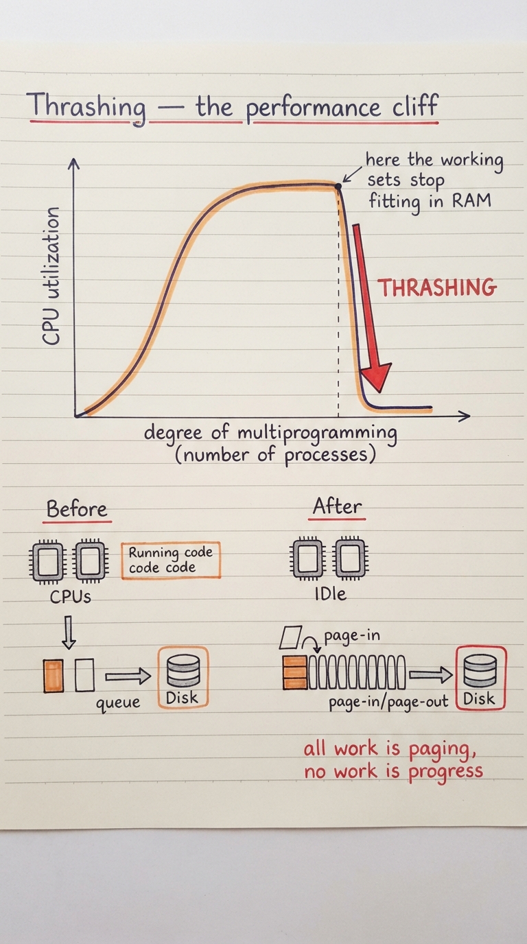 Handwritten A4 graph: x-axis "degree of multiprogramming (number of processes)", y-axis "CPU utilization". A curve rises steeply as processes are added, plateaus near the top, then at a marked point labelled "here the working sets stop fitting in RAM" it collapses almost vertically toward zero — the collapse arrow labelled "THRASHING". Below the graph, a small before/after sketch: on the left, CPUs busy running code and a short paging queue; on the right, CPUs idle while a long queue of page-in/page-out requests hammers the disk, captioned "all work is paging, no work is progress".