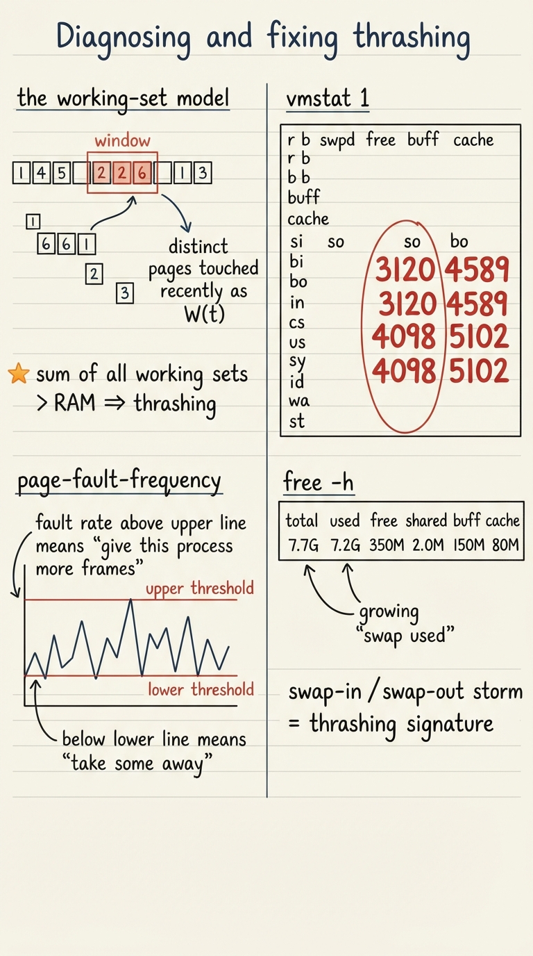 Handwritten A4 diagram, two halves. Left half "the working-set model": a sliding window over a stream of page references, capturing the distinct pages touched recently as W(t); a note "sum of all working sets > RAM ⇒ thrashing". Below it a "page-fault-frequency" band chart with an upper and lower threshold line: fault rate above the upper line means "give this process more frames", below the lower line means "take some away". Right half: a terminal readout of `vmstat 1` with the si and so columns circled and huge numbers in them, and a `free -h` readout with tiny "free" and a large "used" plus growing "swap used", arrows pointing to "swap-in / swap-out storm = thrashing signature".