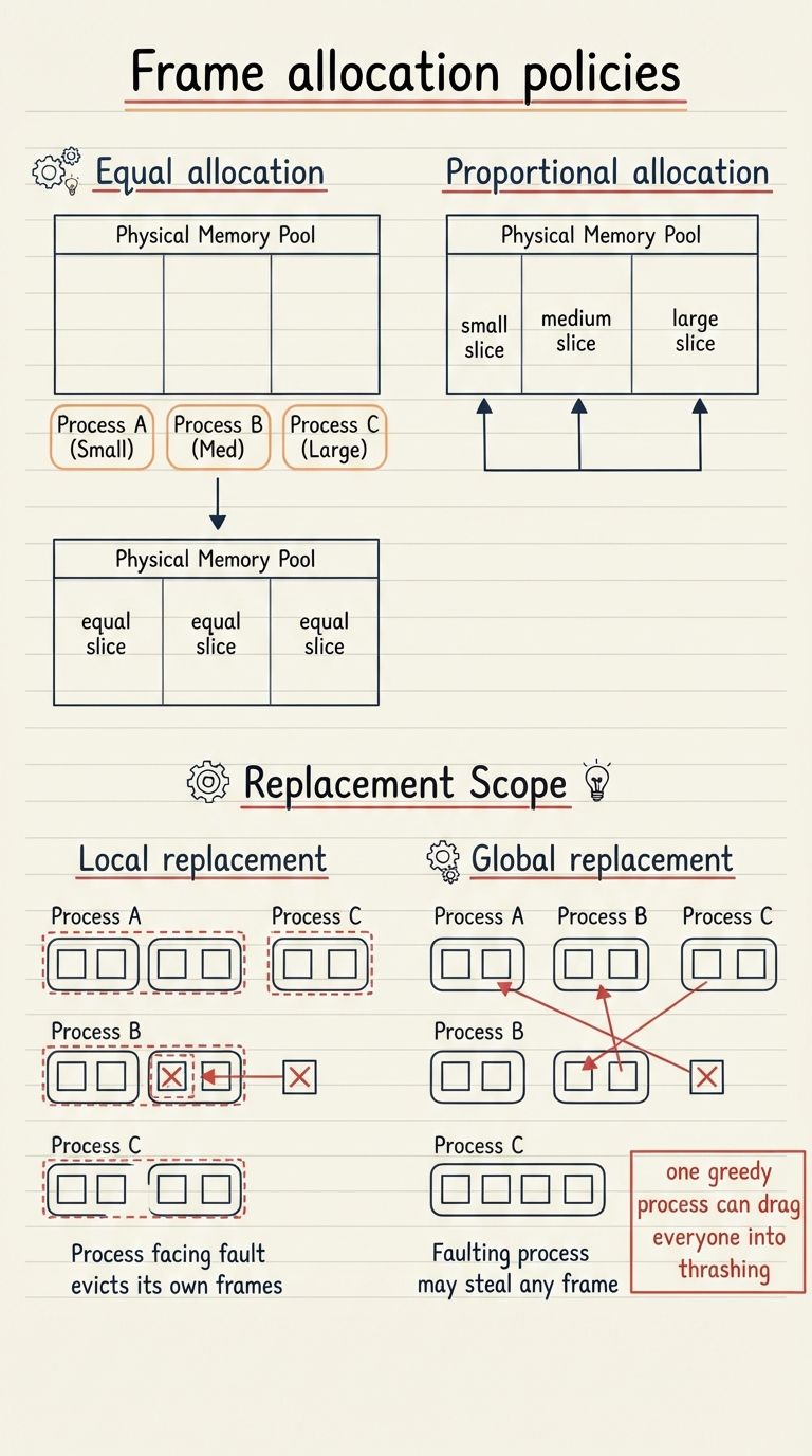 Handwritten A4 diagram. Top: a fixed pool of physical frames being divided between three processes of different sizes. Two allocation schemes drawn side by side — "Equal allocation" splits the pool into three identical slices regardless of process size; "Proportional allocation" gives each process a slice sized to its virtual memory, with the biggest process getting the biggest slice. Bottom: a contrast between "Local replacement" (a process facing a fault may only evict its own frames — a dashed box around each process’s frames) and "Global replacement" (a faulting process may steal any frame from anyone — arrows crossing between processes), with a warning label on the global side: "one greedy process can drag everyone into thrashing".