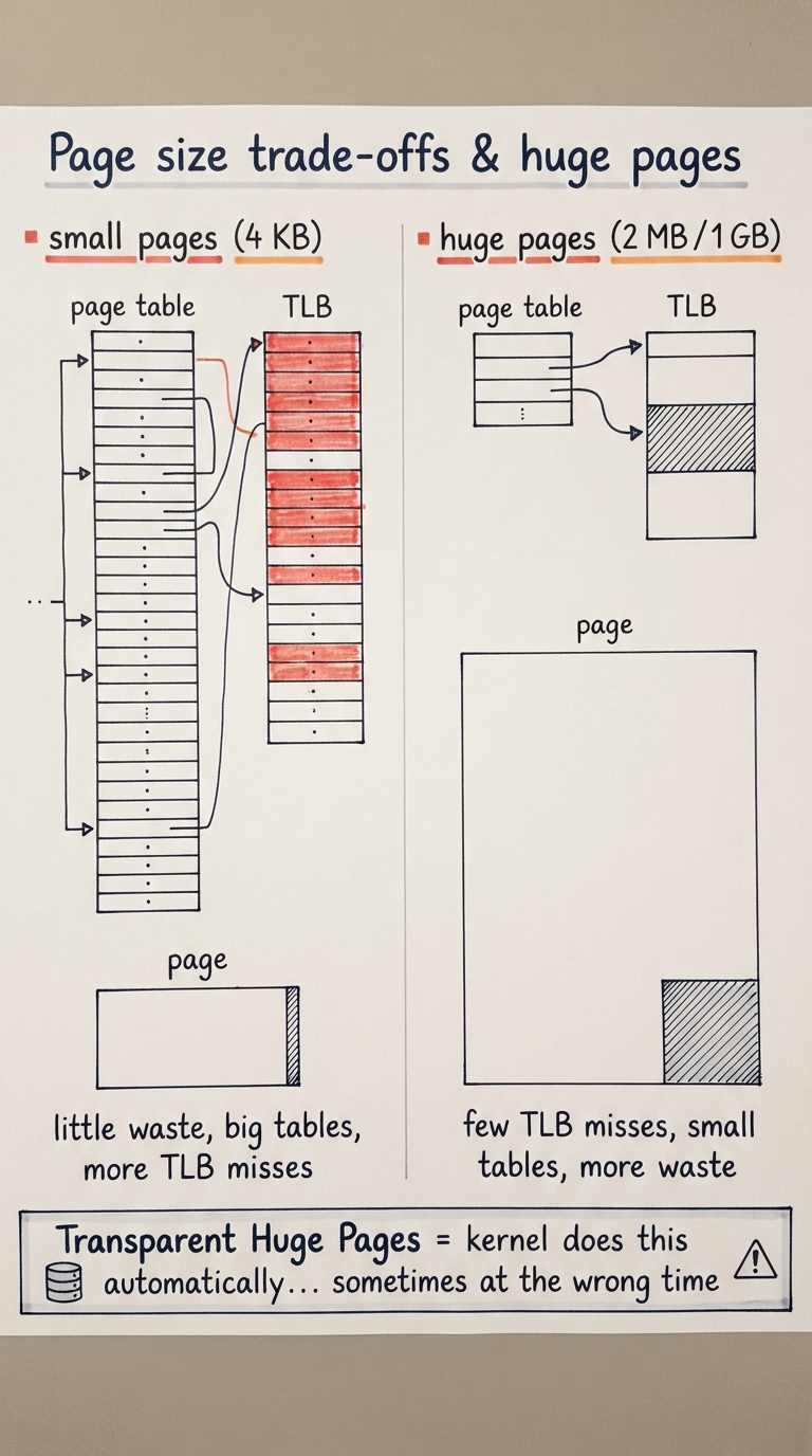 Handwritten A4 diagram, left vs right. Left "small pages (4 KB)": a long multi-level page table drawn as a tall stack of tables (lots of entries), a nearly-full TLB with many entries needed to cover a region, and a tiny sliver of internal fragmentation shaded at the end of a page — captioned "little waste, big tables, more TLB misses". Right "huge pages (2 MB / 1 GB)": a short page table (few entries), a TLB where one entry covers a huge region drawn as a wide block, and a large shaded chunk of internal fragmentation at the end — captioned "few TLB misses, small tables, more waste". A banner across the bottom: "Transparent Huge Pages = kernel does this automatically… sometimes at the wrong time", with a small database icon and a warning triangle.