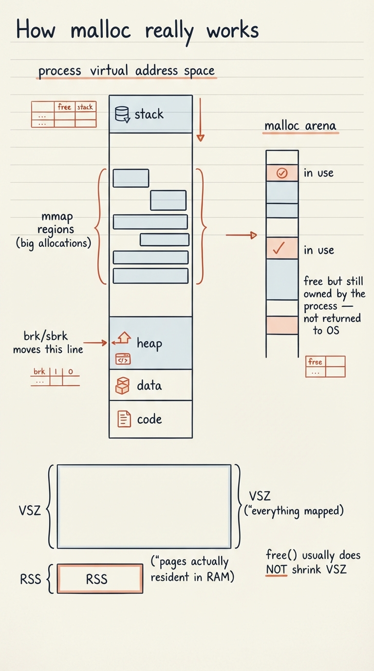 Handwritten A4 diagram. Center: a process virtual address space drawn as a tall bar — from the bottom, code, then data, then the heap growing upward with an arrow labelled "brk/sbrk moves this line", then a gap, then several separate blocks labelled "mmap regions (big allocations)" floating in the middle, then the stack at the top growing downward. To the side, a malloc arena drawn as a free-list of blocks with some marked "in use" and some "free but still owned by the process — not returned to OS". Bottom: two stacked bars for one process labelled VSZ (very long, "everything mapped") and RSS (much shorter, "pages actually resident in RAM"), with a note "free() usually does NOT shrink VSZ".