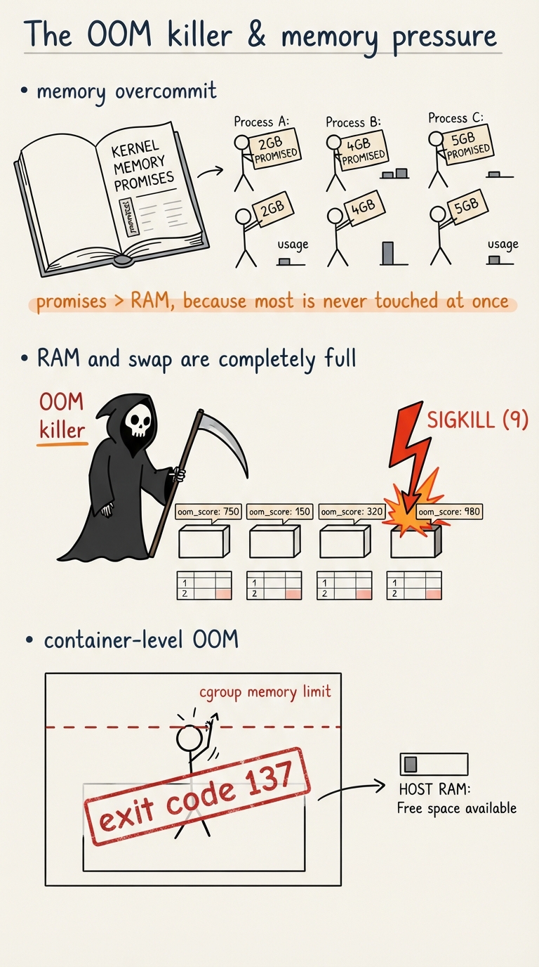 Handwritten A4 diagram. Top: a "commitment" ledger where the kernel has promised more memory than physically exists (overcommit) — several processes each holding a promise slip larger than their actual usage, captioned "promises > RAM, because most is never touched at once". Middle: the moment RAM and swap are both full — a grim reaper figure labelled "OOM killer" scanning processes, each tagged with an oom_score; the highest-scoring (biggest, lowest-priority) process gets a lightning bolt labelled "SIGKILL (9)". Bottom: a container box with a dashed "cgroup memory limit" ceiling; a process inside pushing through the ceiling gets killed with "exit code 137" stamped on it, even though the host still has free RAM.