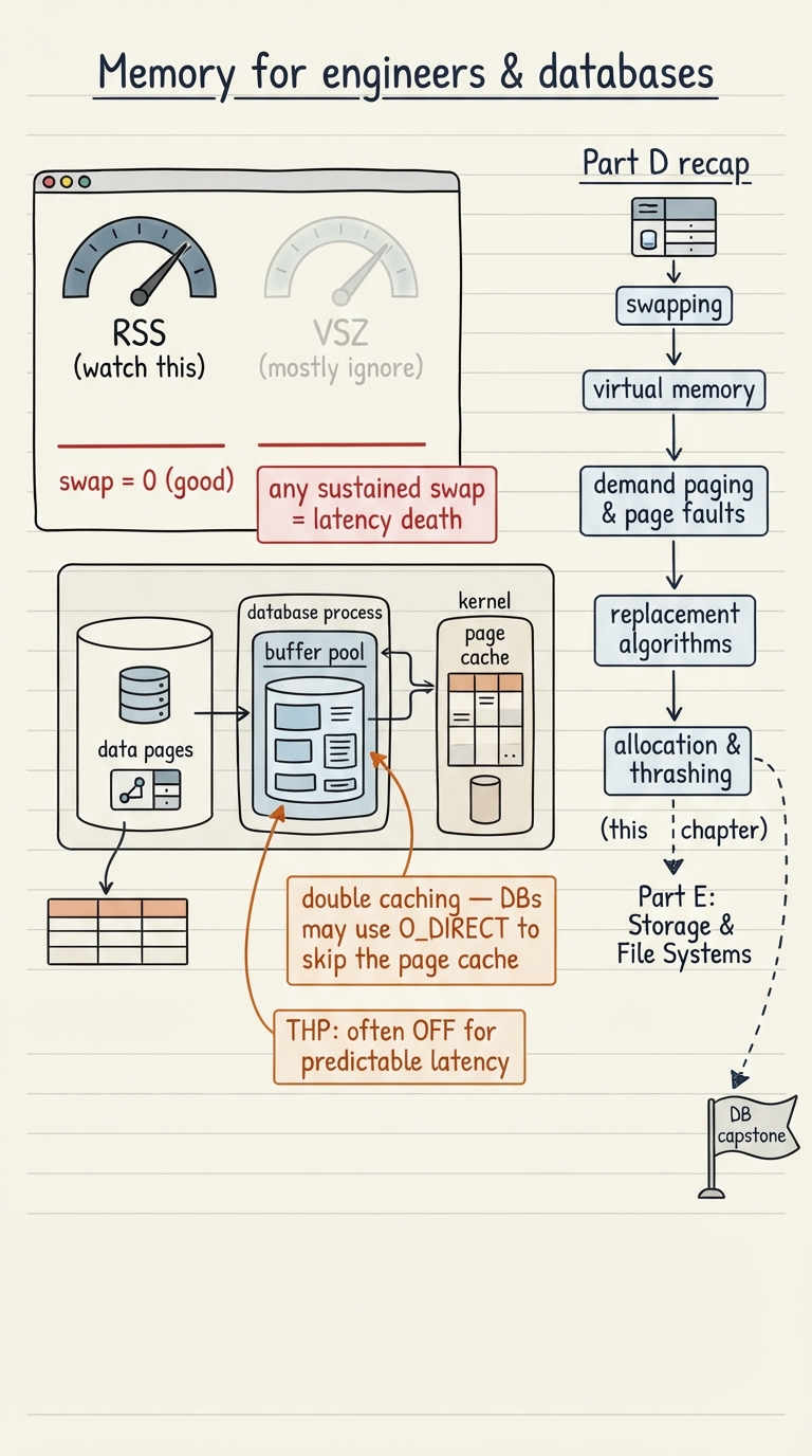 Handwritten A4 capstone diagram. Left: a monitoring dashboard sketch with two gauges, "RSS (watch this)" prominent and "VSZ (mostly ignore)" faded, plus a flat line labelled "swap = 0 (good)" and a warning "any sustained swap = latency death". Center: a database process holding its own "buffer pool" (a big managed cache of data pages) sitting alongside the kernel’s "page cache", with a note "double caching — DBs may use O_DIRECT to skip the page cache" and "THP: often OFF for predictable latency". Right: a Part D recap ladder — swapping → virtual memory → demand paging & page faults → replacement algorithms → allocation & thrashing → (this chapter) — with an arrow leading off the page to "Part E: Storage & File Systems" and a dashed line to a distant "DB capstone" flag.