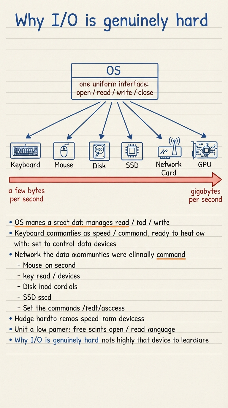 Handwritten A4 diagram: a horizontal speed ruler spanning from a keyboard (a few bytes per second) through a mouse, disk and SSD up to a network card and GPU (gigabytes per second), each device drawn as a little box; above them all a single OS box labelled "one uniform interface: open / read / write / close" with arrows fanning down to every device.