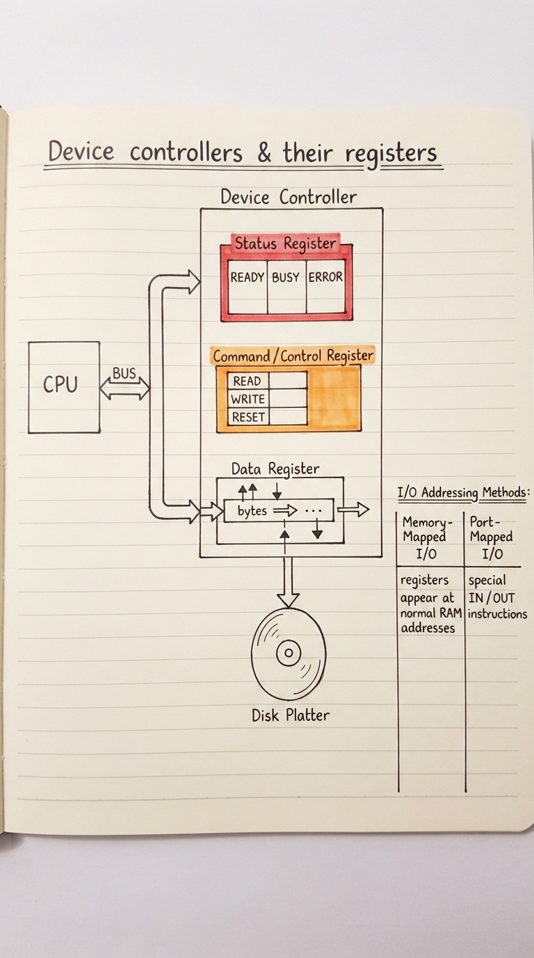 Handwritten A4 diagram: a CPU on the left connected by a bus to a device controller box on the right; inside the controller, three labelled slots — a status register (READY / BUSY / ERROR bits), a command/control register (READ / WRITE / RESET), and a data register (bytes flowing through) — with the physical device (a disk platter) hanging off the controller; a side note contrasts memory-mapped I/O (registers appear at normal RAM addresses) with port-mapped I/O (special IN/OUT instructions).