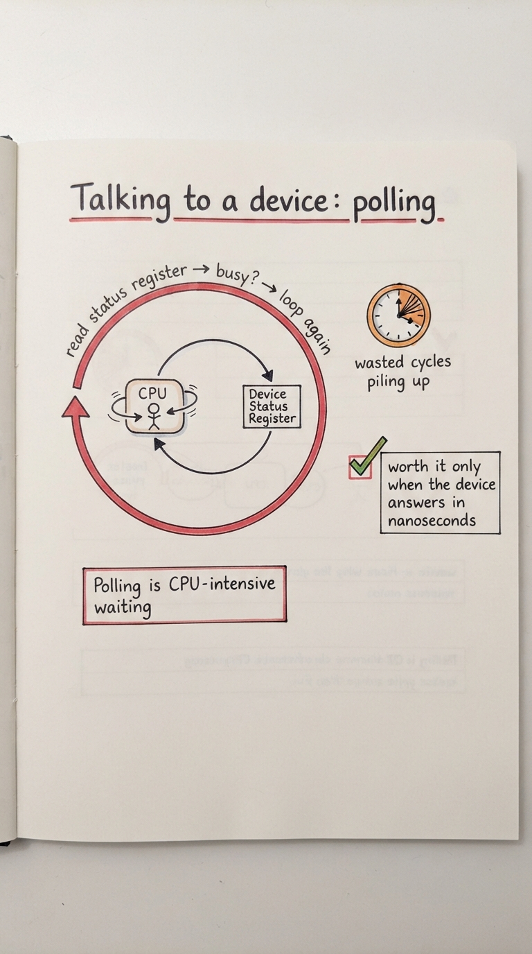 Handwritten A4 diagram: a tight loop drawn as a circular arrow labelled "read status register → busy? → loop again", with the CPU stuck spinning inside it; beside it a small clock showing wasted cycles piling up, and a green tick next to a note "worth it only when the device answers in nanoseconds".